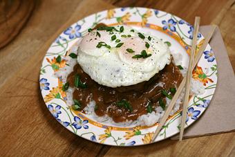 Product: Loco Moco - Burger Patty Over Rice Topped with 2 Eggs and Shiitake Mushroom Brown Gravy - Ate OH Ate in Portland, OR Hamburger Restaurants