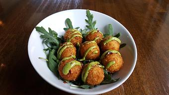 Product: Goat Cheese Fritters, Peruvian green sauce, arugula - Back Bistro in Palladio - Folsom, CA American Restaurants