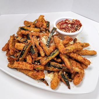 Product: Zucchini Sticks with House Made Meat Sauce - Bella Milano in Springfield, IL Pizza Restaurant