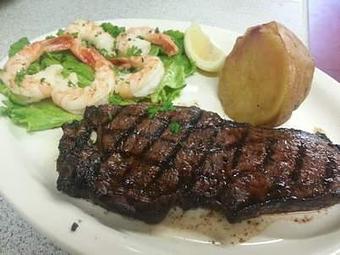 Product: Our 14 oz PUB Steak and Shrimp Dinner only 14.99 - Berry Patch Restaurant in Orland, CA American Restaurants