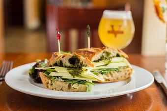Product: Granny Smith Apple, Gruyère, Pesto, Spinach, Red Onion, Classic Aioli on Baguette - Brasserie V in Madison, WI French Restaurants