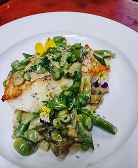 Product: Halibut, Potato Risotto, Market Veg, Lemon Butter Sauce - Brasserie V in Madison, WI French Restaurants