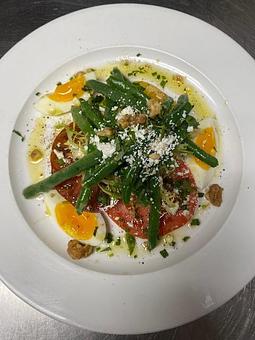 Product: Heirloom Tomatoes, Green Beans, Soft Boiled Egg, Frisee, Ricotta Salata, Candied Walnuts, Tarragon Vinaigrette - Brasserie V in Madison, WI French Restaurants