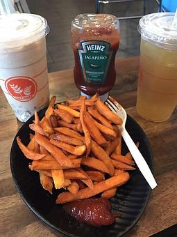 Product: Sweet Potato Fries w/ Jalapeno, Sriracha, and Onion Ketchup - Café Roulé in Temple City - Temple City, CA Cafe Restaurants