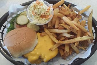 Product: $6 Burger Special EVERY Day with FF and coleslaw, potato or pasta salad! - Calico Cafe in Sheridan, IL American Restaurants