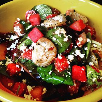 Product: mixed greens, watermelon, cherry tomatoes, queso fresco, and sautéed shrimp - Citrico in Brooklyn, NY Mexican Restaurants