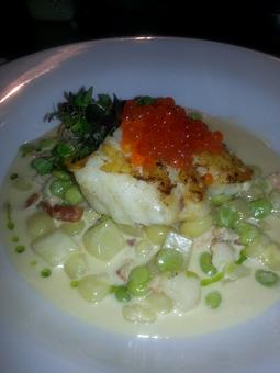 Product: Seabass, Salmon Caviar White Chupe, Micro Greens - El Chaman Peruvian Restaurant in Miami, FL Latin American Restaurants