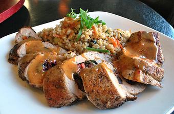 Product: stuffed with rainbow chard, dried cherries and figs over apple fried brown rice with apple cider-spiced Chinese mustard sauce - Fats Asia Bistro in Folsom - Folsom, CA Chinese Restaurants