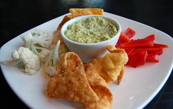 Product: Edamame Hummus with wonton chips, red pepper and pickled cauliflower - Fats Asia Bistro in Roseville - Roseville, CA Chinese Restaurants