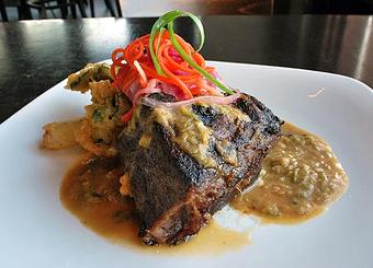 Product: Miso & Garlic Braised Short Rib with pickled vegetables, tempura bok choy and a scallion and ginger jus - Fats Asia Bistro in Roseville - Roseville, CA Chinese Restaurants