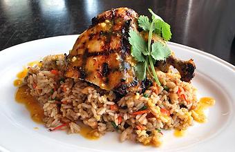 Product: Grilled Chicken Breast over sticky cashew Thai basil fried rice with mango lime puree. Featuring Mary's All Natural Chicken from Pitman Farms, Fresno, California - Fats Asia Bistro in Roseville - Roseville, CA Chinese Restaurants