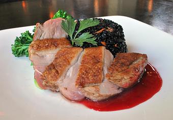 Product: over fried black rice with grilled broccoli rabe and cinnamon raspberry glaze - Fats Asia Bistro in Roseville - Roseville, CA Chinese Restaurants