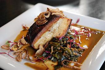 Product: Coconut & Togarashi Braised Pork Belly with collard greens, red onion fondue and crispy shallots - Fats Asia Bistro in Roseville - Roseville, CA Chinese Restaurants