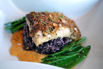 Product: Cashew Crusted Mahi Mahi with coconut forbidden rice, sesame snap peas and red curry - Fats Asia Bistro in Roseville - Roseville, CA Chinese Restaurants