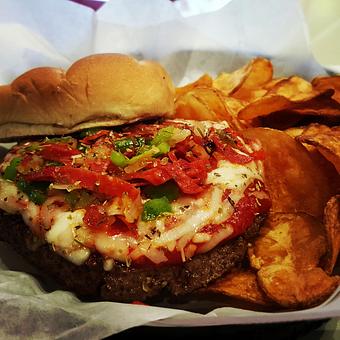 Product: Joe's "Give Pizza A Chance" Burger! - Fieldhouse Bar and Grill in Moss-Bradley, Uplands - Peoria, IL American Restaurants