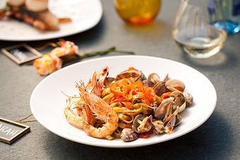 Product: Hawaiian blue prawns and fresh linguine - Flannel in Stowe, VT American Restaurants