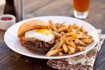 Product: House burger with chorizo chili & farm egg - Flannel in Stowe, VT American Restaurants
