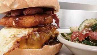Product: Breakfast Burger - Foothills Brewing in Winston Salem, NC American Restaurants