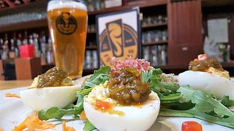 Product: deviled eggs with pepper relish - Foothills Brewing in Winston Salem, NC American Restaurants
