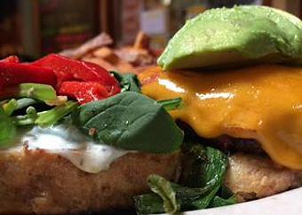 Product: Buffalo burger, smoked bacon, cheddar, avocado and roasted red peppers. - Foothills Brewing in Winston Salem, NC American Restaurants