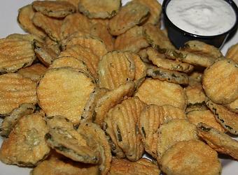 Product: Crispy fried dill pickle chips with ranch dressing. A Southern specialty! - Foothills Brewing in Winston Salem, NC American Restaurants