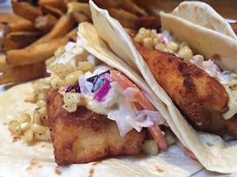 Product: Catfish with green chili remoulade, Moravian slaw and corn. - Foothills Brewing in Winston Salem, NC American Restaurants
