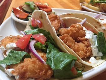 Product: Fried shrimp, tzatziki, red onion, lettuce, and tomato - Foothills Brewing in Winston Salem, NC American Restaurants