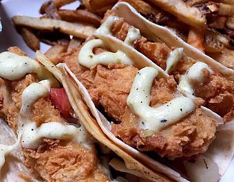Product: Fried Pollock Tacos - Foothills Brewing in Winston Salem, NC American Restaurants