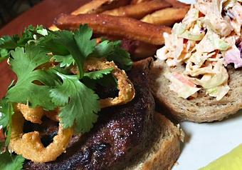 Product: Buffalo burger with chipotle-honey lime slaw - Foothills Brewing in Winston Salem, NC American Restaurants