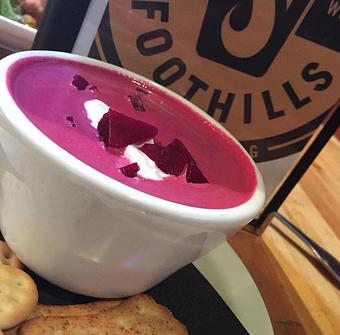 Product: Chilled beet garnished with sour cream and diced beets - Foothills Brewing in Winston Salem, NC American Restaurants