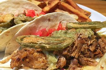 Product: Pineapple pork, cabbage and fried jalapenos - Foothills Brewing in Winston Salem, NC American Restaurants