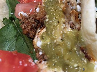 Product: Chorizo sausage and chicken, lettuce, tomato, salsa verde and queso fresco - Foothills Brewing in Winston Salem, NC American Restaurants