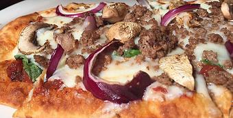 Product: Ground buffalo, red onions, spinach & mushrooms - Foothills Brewing in Winston Salem, NC American Restaurants