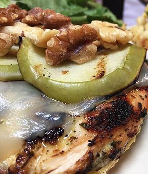 Product: Grilled chicken breast, grilled apples, horseradish and chive, white cheddar, toasted walnuts, lettuce and mayonnaise - Foothills Brewing in Winston Salem, NC American Restaurants