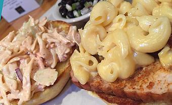 Product: Sriracha glazed pork loin, mac and cheese, and creamy chipotle ranch slaw - Foothills Brewing in Winston Salem, NC American Restaurants