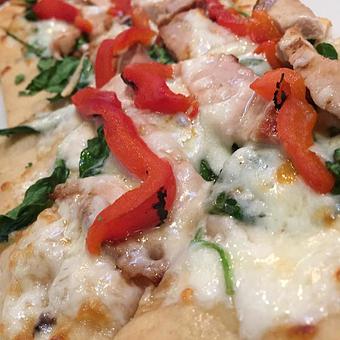 Product: Alfredo base, spinach, pepperoni, mozzarella, provolone and roasted red peppers. - Foothills Brewing in Winston Salem, NC American Restaurants