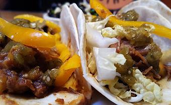 Product: Pineapple pork, napa cabbage, salsa verde and yellow bell peppers - Foothills Brewing in Winston Salem, NC American Restaurants