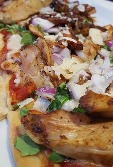 Product: FLAT BREAD | Marinara base with mozzarella, provolone & parmesan cheese, smoked chicken thigh, red onion and arugula. - Foothills Brewing in Winston Salem, NC American Restaurants