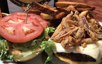 Product: Beef burger tossed in brewhouse sauce - Foothills Brewing in Winston Salem, NC American Restaurants