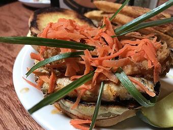Product: Grilled chicken, sweet Thai chili sauce, fried shrimp, pickled carrots and scallions - Foothills Brewing in Winston Salem, NC American Restaurants