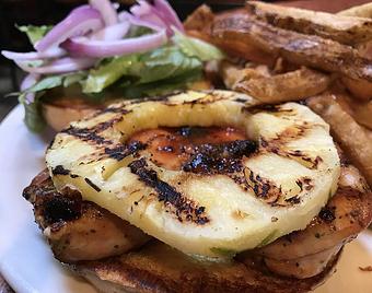 Product: Hoppyum BBQ chicken, grilled pineapple, lettuce and  onions, on brioche. Choice of Side. - Foothills Brewing in Winston Salem, NC American Restaurants