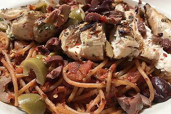 Product: $10 Pasta Bowl - Whole wheat pasta and grilled chicken with puttanesca sauce - Foothills Brewing in Winston Salem, NC American Restaurants
