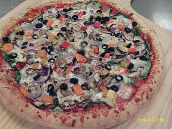 Product: Mama's Favorite Pizza on Hand tossed crust with spinach, mushrooms, red onions, black olives & colored bell peppers - Franco's Pizza in Lawrenceville, GA Pizza Restaurant