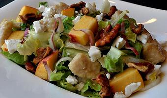 Product: Peach and Chicken Salad: Mixed salad greens, peaches (Twin Peaks Orchards - Brentwood, CA), chicken breast, feta (Sierra Nevada Cheese Co), with a sesame mustard vinaigrette - Frank Fats in Downtown Sacramento - Sacramento, CA Chinese Restaurants