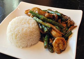 Product: Stir Fried Pork, Shrimp and Summer Beans with pork strips and Dwelley Farms' mixed beans - Frank Fats in Downtown Sacramento - Sacramento, CA Chinese Restaurants