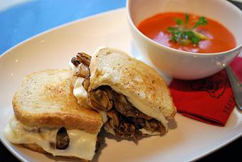 Product: Grilled Onion & Mushroom Mozzarella Sandwich with Szechuan Tomato Soup. Sourdough melt and hot or chilled tomato soup with a hint of Szechuan spice. - Frank Fats in Downtown Sacramento - Sacramento, CA Chinese Restaurants