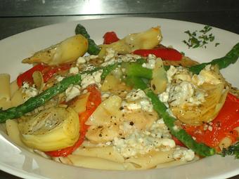 Product: Served over penne pasta sauteed chicken breasts with garlic, artichoke hearts, roasted red peppers, asparagus spears & gorgonzola cheese. - Gaetano's Tavern On Main in Wallingford, CT American Restaurants