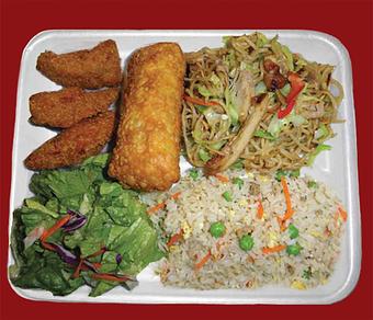 Product: 3-Item Combination Plate.  Our combination plates come with your choice of Chow Mein or Fried Rice and a small Salad.  The items pictured here, has our Geta Chicken, Egg Roll, and Chow Mein (which can also be one of your items). - Getaxpress in Hanford, CA Bars & Grills