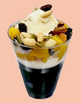 Product: Dessert: Coffee Jelly Parfait.  Coffee Jelly topped with Vanilla Ice Cream, Fruit & Nuts.  $2.59 - Getaxpress in Hanford, CA Bars & Grills