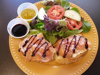 Product: Smoked Salmon & Cream Cheese Salad Plate w/ capers, red onion & balsamic glaze - Gio's Gelato Cafe in Port Jervis, NY American Restaurants